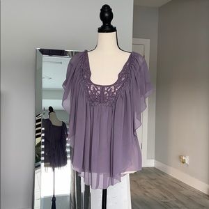 Bohemian Dusty Mauve Top With Crochet Neckline, XS